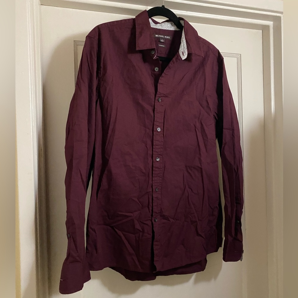 Michael Kors Burgundy Button Down Linen Dress Shirt